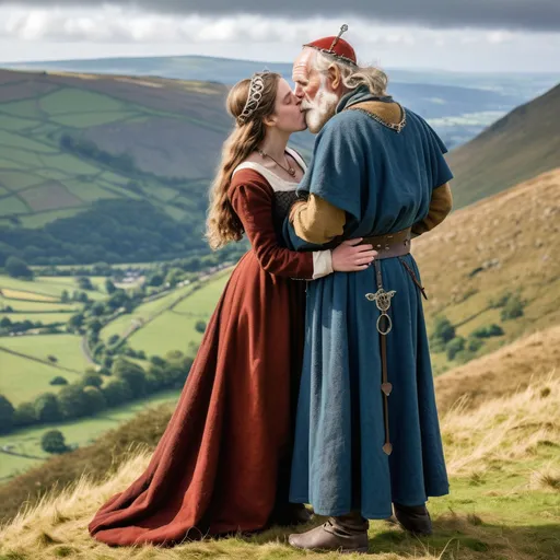 Prompt: A full length image of a 18 year old girl of the Kingdom of Powys in mediaeval Wales in 1050AD kissing an old man on a mountainside which rises behind them. She has hair done in the Mediaeval Welsh style,. She is wearing Mediaeval Welsh clothing of the period. She is wearing Mediaeval Welsh face and body jewellery and make-up..