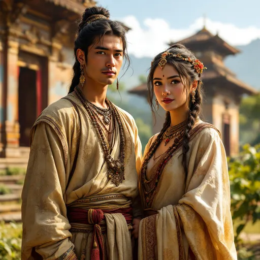 Prompt: A 30 year old peasant girl of the Kingdom of Ava in 1450AD in Burma is standing with herhusband in front of a temple.. She is wearing Ava Burmese clothing of the period. She has her hair in the Ava Burmese style and is wearing Ava Burmese facial and body make-up and jewellery.