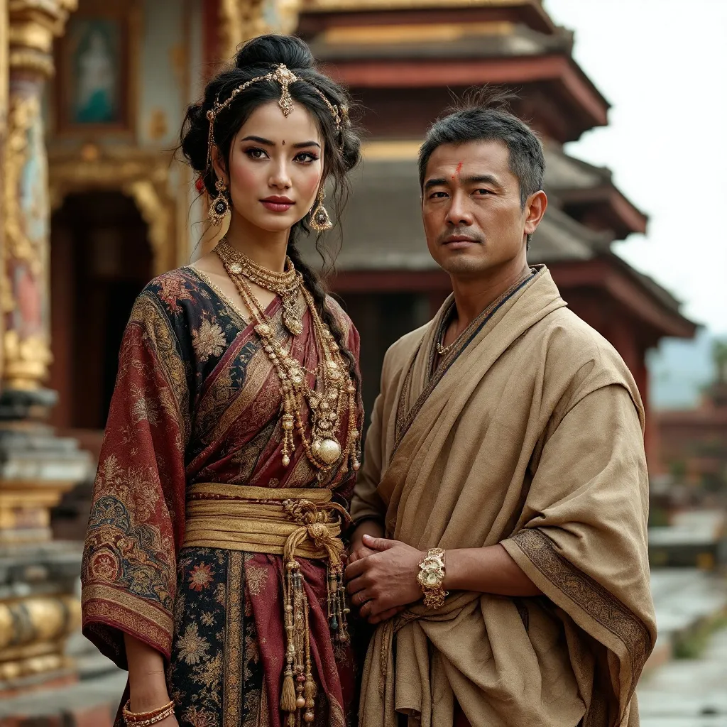 Prompt: A70 year old peasant woman of the Kingdom of Ava in 1450AD in Burma is standing with herhusband in front of a temple.. She is wearing Ava Burmese clothing of the period. She has her hair in the Ava Burmese style and is wearing Ava Burmese facial and body make-up and jewellery.