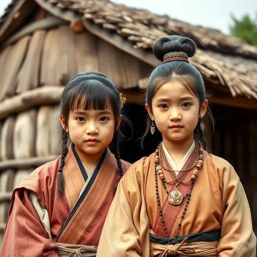 Prompt: A 10 year old peasant girl of the Ashikaga Shogunate in Japan is standing with her father in front of a village hut in 1400AD. She is wearing Ashikaga clothing of the period. She has her hair in the Ashikaga style and is wearing Ashikaga facial and body make-up and jewellery.