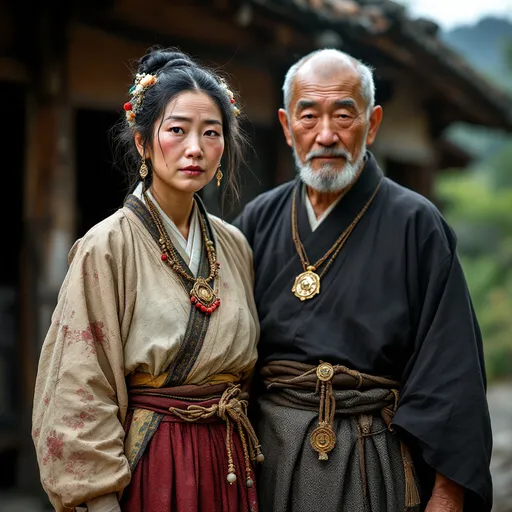 Prompt: A 60 year old peasant woman of the Ashikaga Shogunate in Japan is standing with her father  in front of a village hut in 1400AD. She is wearing Ashikaga skirts of the period.  She has her hair in the Ashikaga style and is wearing Ashikaga facial and body make-up and jewellery.
