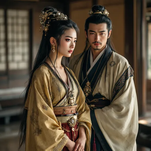 Prompt: A 18 year old concubine of the Ashikaga Shogunate in Japan is standing with her master  in a Japanese palace in 1400AD. She is wearing Ashikaga skirts of the period.  She has her hair in the Ashikaga style and is wearing Ashikaga facial and body make-up and jewellery.
