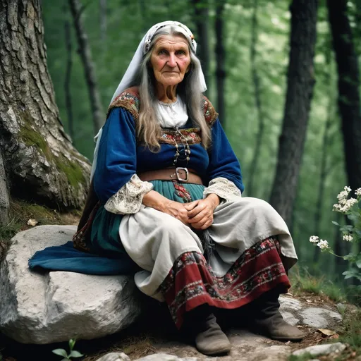 Prompt: A full length picture of a 70 year old Bosnian peasant woman in the mediaeval Kingdom of Bosnia around 1350. She is sitting on a rock in a forest clearing. She is dressed in mediaeval Bosnian costume. She wears flowers in her long hair. 