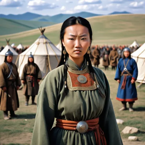 Prompt: A military encampment of the Mongol Empire about 1250AD. Standing in the foreground is a 18 year old Mongolian woman. She has Mongol style hair of the period. She is wearing Mongol clothing of the thirteenth century. She is wearing Mongol facial and body jewellery.
