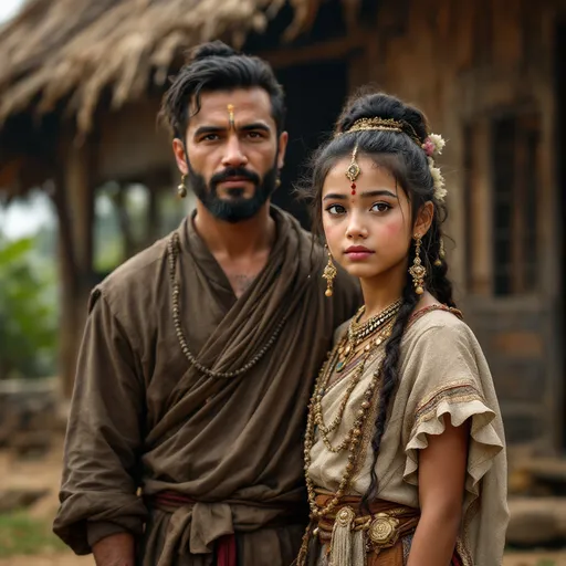 Prompt: A 12 year old peasant girl of the Khmer Empire in 1300AD in Kampuchea is standing with her father in front of a village hut. She is wearing Khmer clothing of the period. She has her hair in the Khmer style and is wearing Khmer facial and body make-up and jewellery.