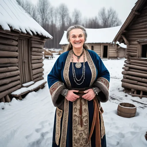 Prompt: A full length image of a smiling 60 year old woman of Kievan Rus in mediaeval Ukraine in 1050AD standing in a woooden village in the snow. She has hair done in the Rus style,. She is wearing Kievan Rus  clothing of the period.  She is wearing Kievan Rus face and body jewellery and make-up..