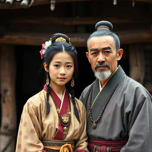 Prompt: A 14 year old peasant girl of the Ashikaga Shogunate in Japan is standing with her father in front of a village hut in 1400AD. She is wearing Ashikaga clothing of the period. She has her hair in the Ashikaga style and is wearing Ashikaga facial and body make-up and jewellery.