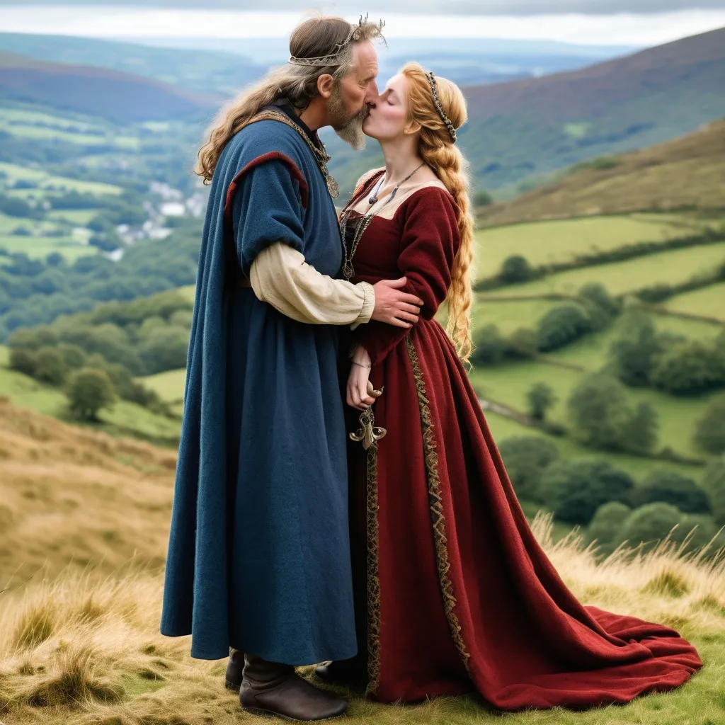 Prompt: A full length image of a 30 year old womanl of the Kingdom of Powys in mediaeval Wales in 1050AD kissing an old man on a mountainside which rises behind them. She has hair done in the Mediaeval Welsh style,. She is wearing Mediaeval Welsh clothing of the period. She is wearing Mediaeval Welsh face and body jewellery and make-up..