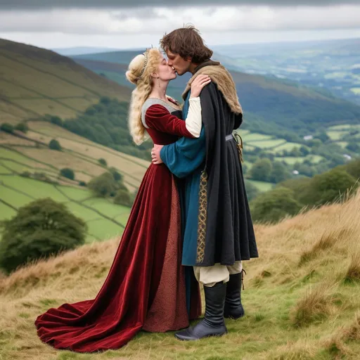 Prompt: A full length image of a 50 year old womanl of the Kingdom of Powys in mediaeval Wales in 1050AD kissing a young man on a mountainside which rises behind them. She has hair done in the Mediaeval Welsh style,. She is wearing Mediaeval Welsh clothing of the period.  She is wearing Mediaeval Welsh face and body jewellery and make-up..