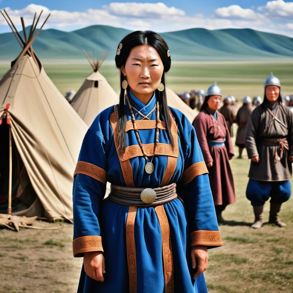 Prompt: A military encampment of the Mongol Empire about 1250AD. Standing in the foreground is a 60 year old Mongolian woman. She has Mongol style hair of the period. She is wearing Mongol clothing of the thirteenth century.  She is wearing Mongol facial and body jewellery.
