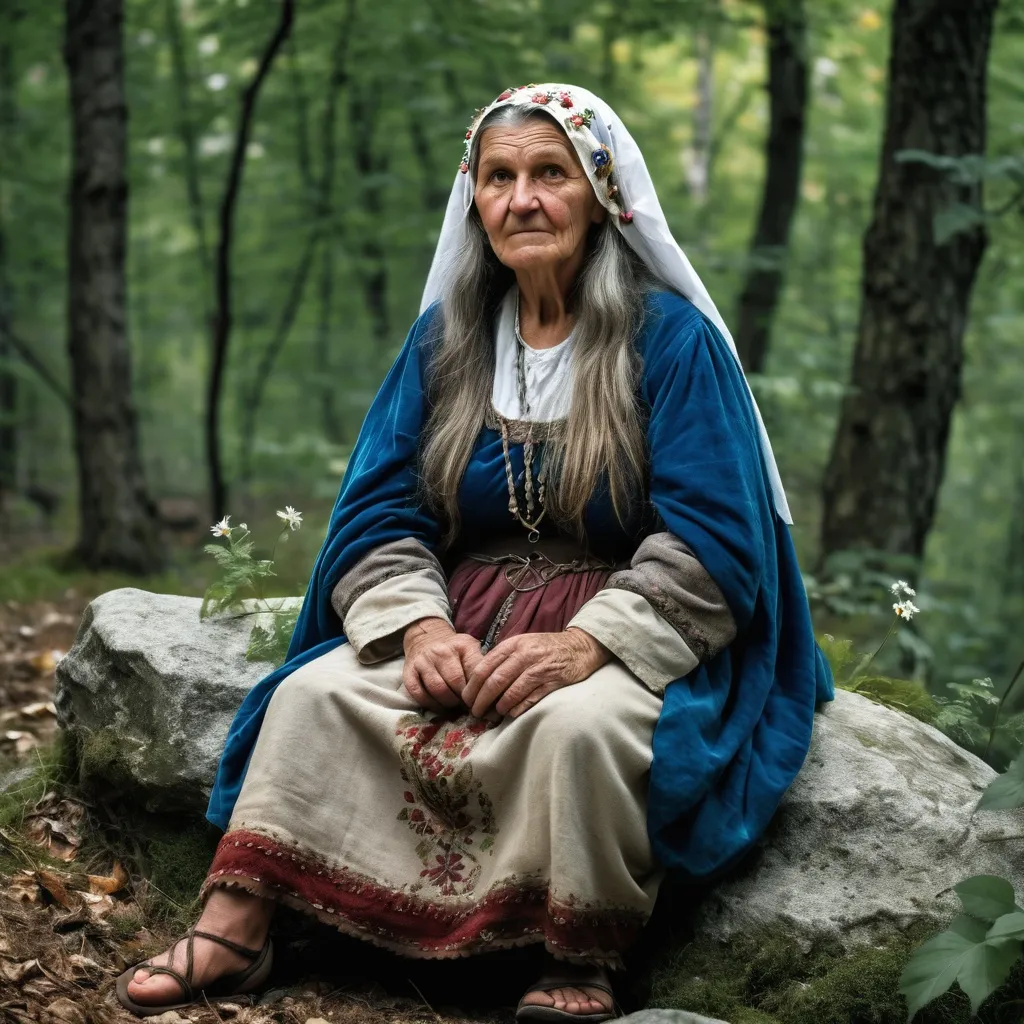 Prompt: A full length picture of a 60 year old Bosnian peasant woman in the mediaeval Kingdom of Bosnia around 1350. She is sitting on a rock in a forest clearing. She is dressed in mediaeval Bosnian costume. She wears flowers in her long hair. 