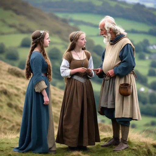 Prompt: A full length image of a 18 year old girl of the Kingdom of Powys in mediaeval Wales in 1050AD talking to an old man on a mountainside. She has hair done in the Mediaeval Welsh style,. She is wearing Mediaeval Welsh clothing of the period. She is wearing Mediaeval Welsh face and body jewellery and make-up..