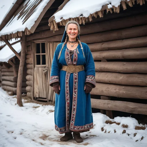 Prompt: A full length image of a smiling 50 year old woman of Kievan Rus in mediaeval Ukraine in 1050AD standing in a woooden village in the snow. She has hair done in the Rus style,. She is wearing Kievan Rus  clothing of the period. She is wearing Kievan Rus face and body jewellery and make-up..