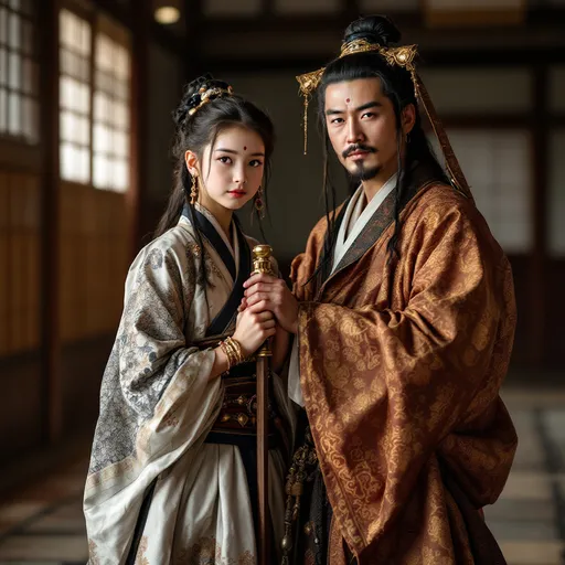 Prompt: A 12 year old girl of the Ashikaga Shogunate in Japan is standing with her father  in a Japanese palace in 1400AD. She is wearing Ashikaga skirts of the period.  She has her hair in the Ashikaga style and is wearing Ashikaga facial and body make-up and jewellery.
