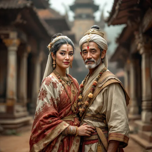 Prompt: A 60 year old peasant woman of the Kingdom of Ava in 1450AD in Burma is standing with herhusband in front of a temple.. She is wearing Ava Burmese clothing of the period. She has her hair in the Ava Burmese style and is wearing Ava Burmese facial and body make-up and jewellery.