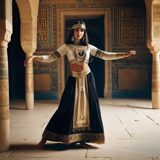 Prompt: In the background is a room in a palace in Mamluk Kingdom of Egypt. In the centre is a full length 30 year old Mamluk dancer dressed in Mamluk dancer clothing is dancing .  She has black Mamluk hair, brown eyes, a small nose and Mamluk make-up, facial and body jewellery..