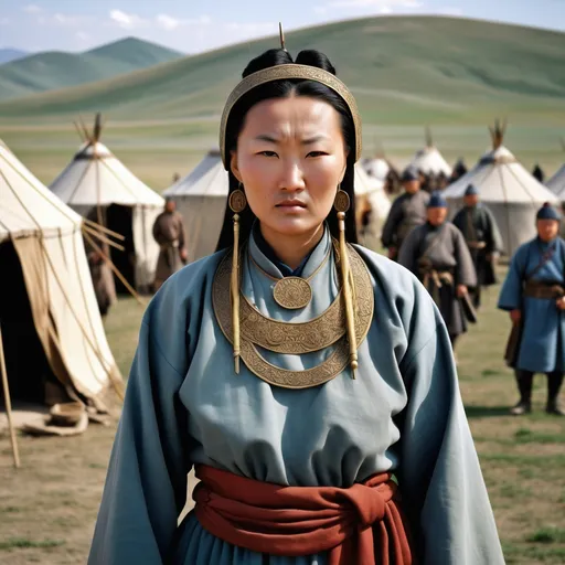 Prompt: A military encampment of the Mongol Empire about 1250AD. Standing in the foreground is a 50 year old Mongolian woman. She has Mongol style hair of the period. She is wearing Mongol clothing of the thirteenth century. She is wearing Mongol facial and body jewellery.
