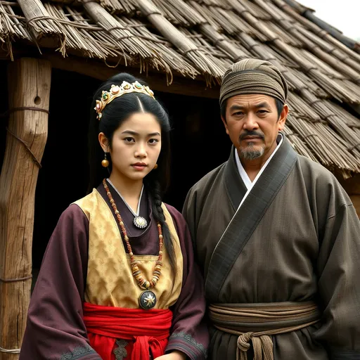 Prompt: A 18 year old peasant girl of the Ashikaga Shogunate in Japan is standing with her father in front of a village hut in 1400AD. She is wearing Ashikaga clothing of the period. She has her hair in the Ashikaga style and is wearing Ashikaga facial and body make-up and jewellery.