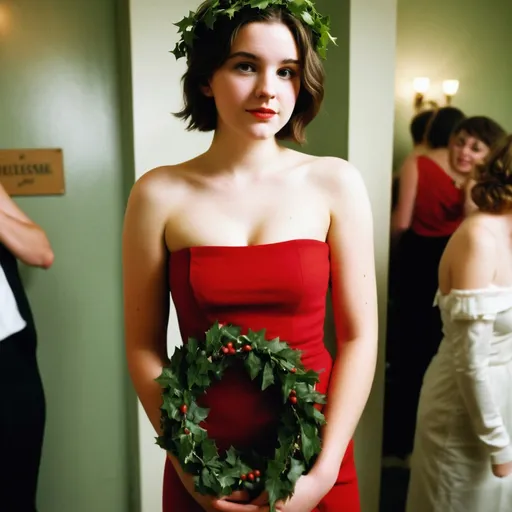 Prompt: A full length  20 year old girl with short brown hair. On her head is wearing a wreath of ivy and mistletoe. She is wearing a sort red tight strapless cocktail dress with a low neckline. In the background is a busy party.