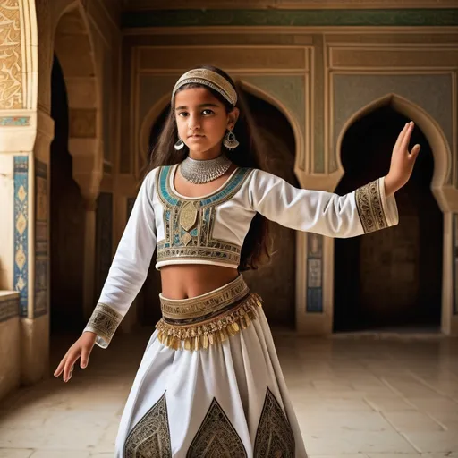 Prompt: In the background is a room in a palace iMamluk Kingdom of Egypt. In the centre is a full length 14 year old Mamluk dancer dressed in Mamluk  dancer clothing is dancing .  She has blackMamluk hair, brown eyes, a small nose and  Mamluk make-up, facial and body jewellery..