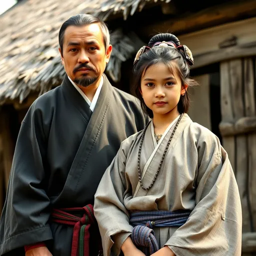 Prompt: A 12 year old peasant girl of the Ashikaga Shogunate in Japan is standing with her father in front of a village hut in 1400AD. She is wearing Ashikaga clothing of the period. She has her hair in the Ashikaga style and is wearing Ashikaga facial and body make-up and jewellery.