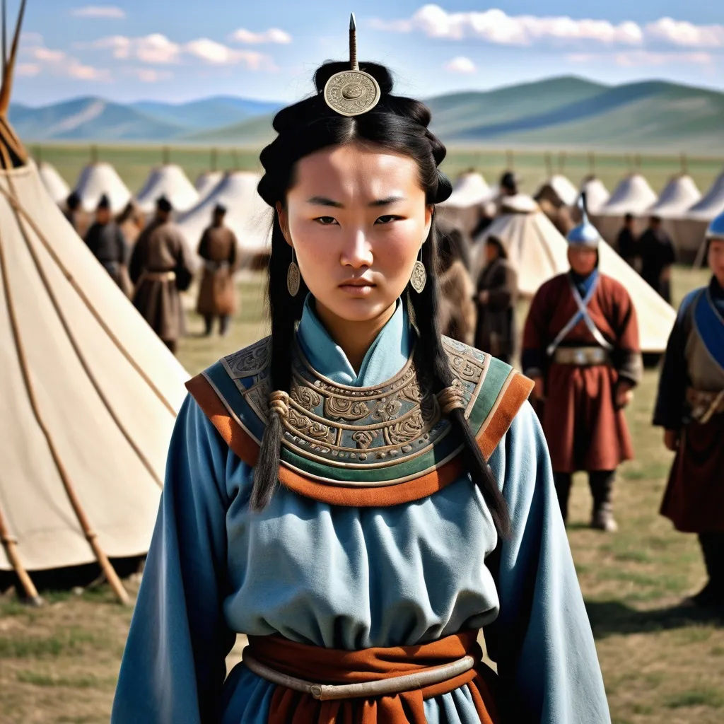 Prompt: A military encampment of the Mongol Empire about 1250AD. Standing in the foreground is a 25year old Mongolian woman. She has Mongol style hair of the period. She is wearing Mongol clothing of the thirteenth century.  She is wearing Mongol facial and body jewellery.