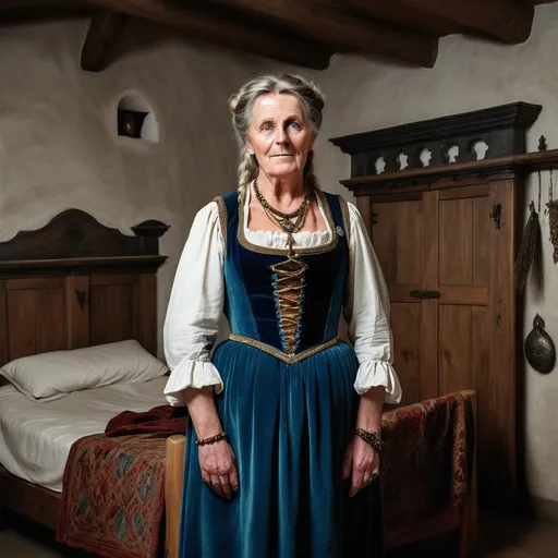 Prompt: A full length image of a 60 year old noble woman of the Duchy of Bavaria in mediaeval Bavaria in 1350AD standing  in a Mediaeval bedroom. She has hair done in the Mediaeval Bavarian Irish style,. She is wearing Mediaeval Bavarian clothing of the period.  She is wearing Mediaeval Bavarian face and body jewellery and make-up..