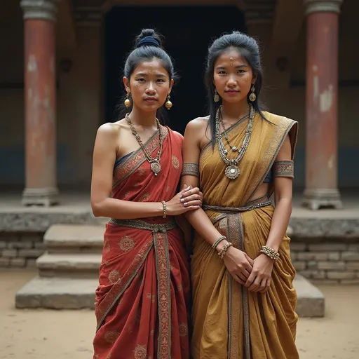 Prompt: A 50 year old peasant woman of the Kingdom of Ava in 1450AD in Burma is standing with her husband in front of a temple.. She is wearing Ava Burmese skirts of the period. She has her hair in the Ava Burmese style and is wearing Ava Burmese facial and body make-up and jewellery.