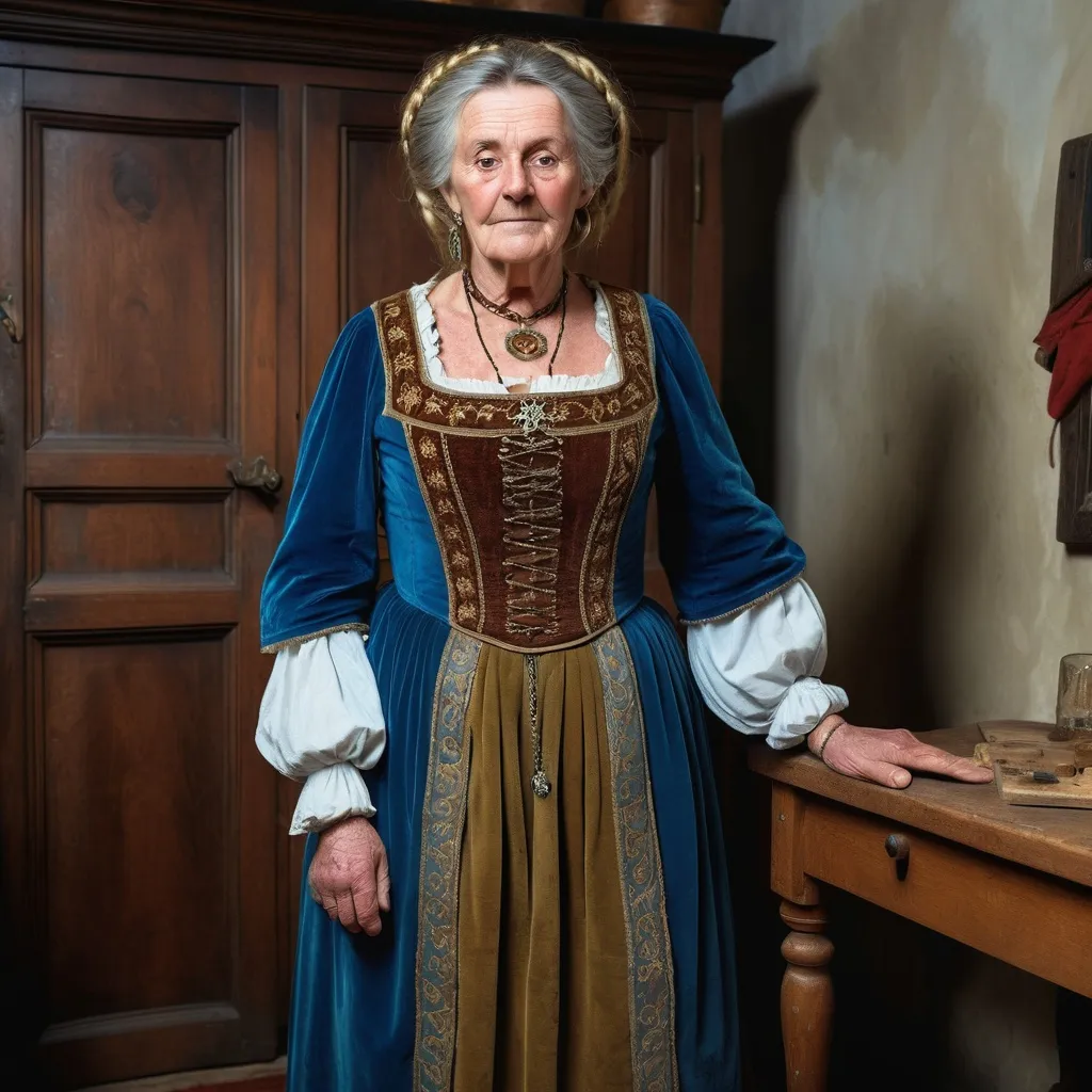 Prompt: A full length image of a 70 year old noble woman of the Duchy of Bavaria in mediaeval Bavaria in 1350AD standing  in a Mediaeval bedroom. She has hair done in the Mediaeval Bavarian Irish style,. She is wearing Mediaeval Bavarian clothing of the period.  She is wearing Mediaeval Bavarian face and body jewellery and make-up..