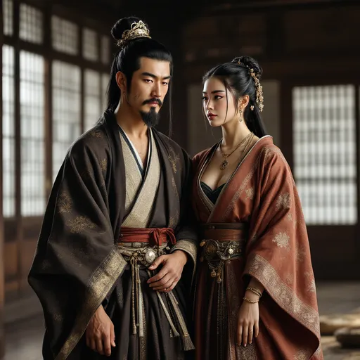 Prompt: A 16 year old concubine of the Ashikaga Shogunate in Japan is standing with her father  in a Japanese palace in 1400AD. She is wearing Ashikaga skirts of the period.  She has her hair in the Ashikaga style and is wearing Ashikaga facial and body make-up and jewellery.
