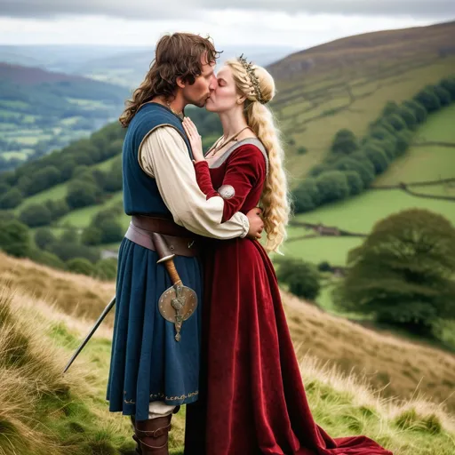 Prompt: A full length image of a 40 year old womanl of the Kingdom of Powys in mediaeval Wales in 1050AD kissing a young man on a mountainside which rises behind them. She has hair done in the Mediaeval Welsh style,. She is wearing Mediaeval Welsh clothing of the period.  She is wearing Mediaeval Welsh face and body jewellery and make-up..