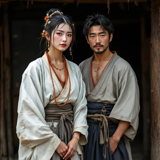 Prompt: A 30 year old peasant woman of the Ashikaga Shogunate in Japan is standing with her father  in front of a village hut in 1400AD. She is wearing Ashikaga skirts of the period.  She has her hair in the Ashikaga style and is wearing Ashikaga facial and body make-up and jewellery.
