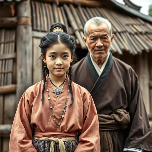 Prompt: A 12 year old peasant girl of the Ashikaga Shogunate in Japan is standing with her father in front of a village hut in 1400AD. She is wearing Ashikaga clothing of the period. She has her hair in the Ashikaga style and is wearing Ashikaga facial and body make-up and jewellery.