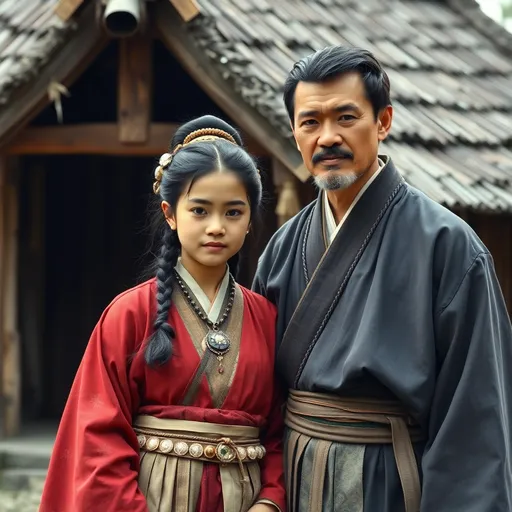 Prompt: A 16 year old peasant girl of the Ashikaga Shogunate in Japan is standing with her father in front of a village hut in 1400AD. She is wearing Ashikaga clothing of the period. She has her hair in the Ashikaga style and is wearing Ashikaga facial and body make-up and jewellery.