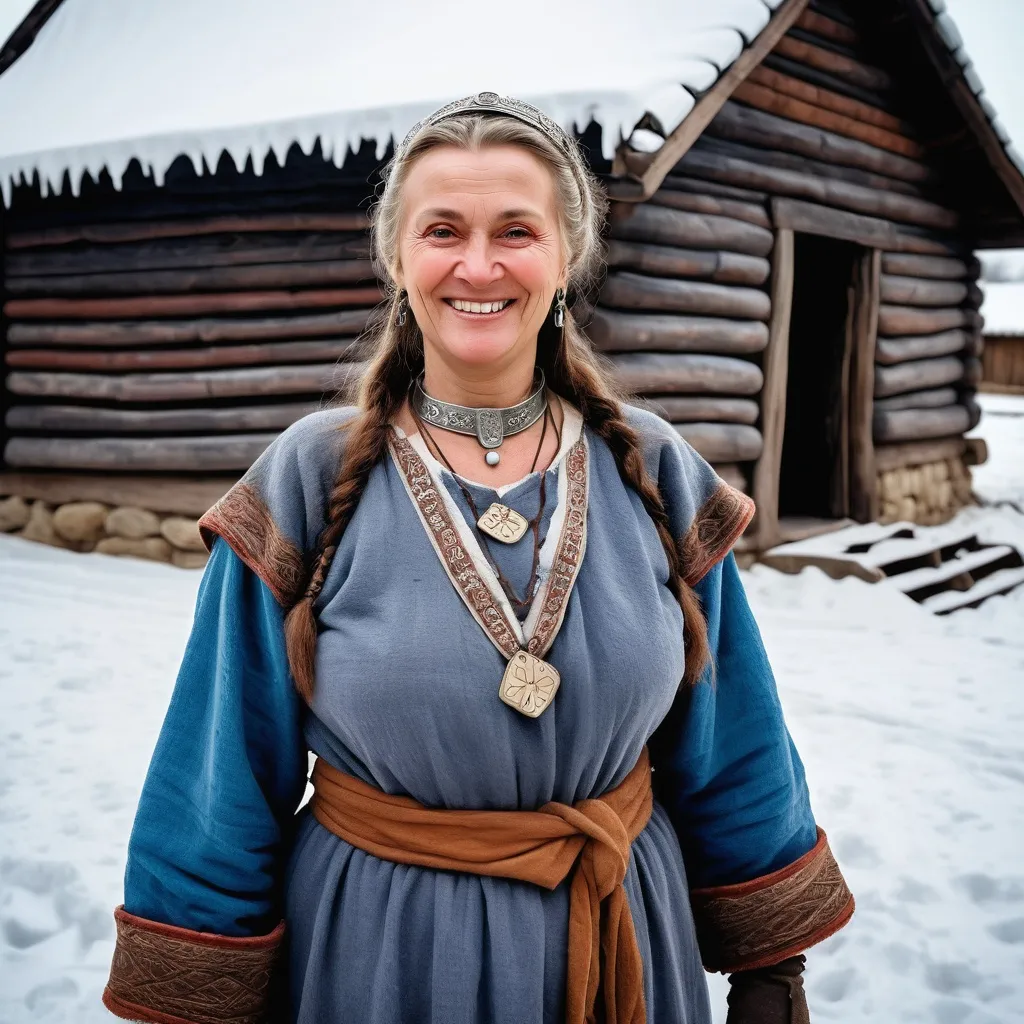 Prompt: A full length image of a smiling 50 year old woman of Kievan Rus in mediaeval Ukraine in 1050AD standing in a woooden village in the snow. She has hair done in the Rus style,. She is wearing Kievan Rus  clothing of the period. She is wearing Kievan Rus face and body jewellery and make-up..