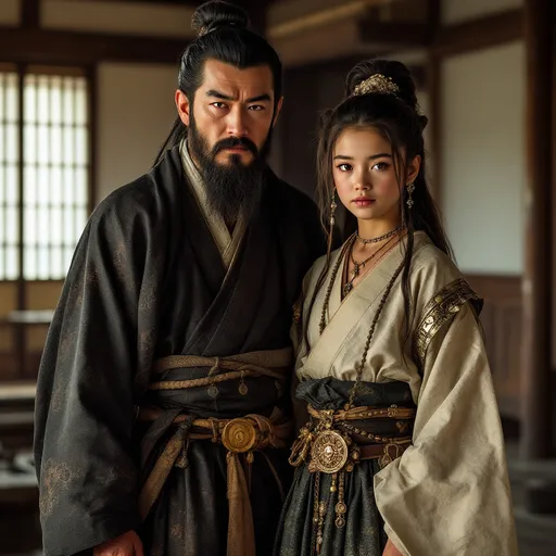 Prompt: A 12 year old girl of the Ashikaga Shogunate in Japan is standing with her father  in a Japanese palace in 1400AD. She is wearing Ashikaga skirts of the period.  She has her hair in the Ashikaga style and is wearing Ashikaga facial and body make-up and jewellery.
