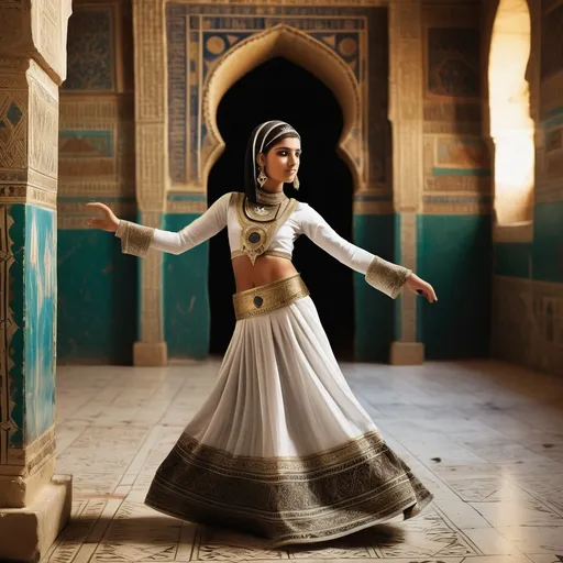 Prompt: In the background is a room in a palace iMamluk Kingdom of Egypt. In the centre is a full length 18 year old Mamluk dancer dressed in Mamluk  dancer clothing is dancing .  She has blackMamluk hair, brown eyes, a small nose and  Mamluk make-up, facial and body jewellery..