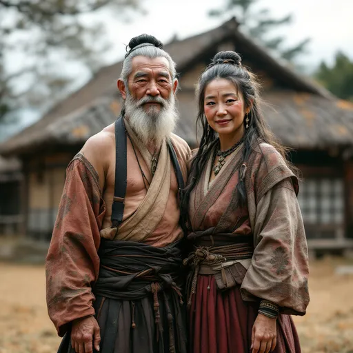 Prompt: A 70 year old peasant woman of the Ashikaga Shogunate in Japan is standing with her father  in front of a village hut in 1400AD. She is wearing Ashikaga skirts of the period.  She has her hair in the Ashikaga style and is wearing Ashikaga facial and body make-up and jewellery.
