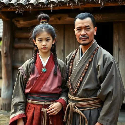 Prompt: A 10 year old peasant girl of the Ashikaga Shogunate in Japan is standing with her father in front of a village hut in 1400AD. She is wearing Ashikaga clothing of the period. She has her hair in the Ashikaga style and is wearing Ashikaga facial and body make-up and jewellery.