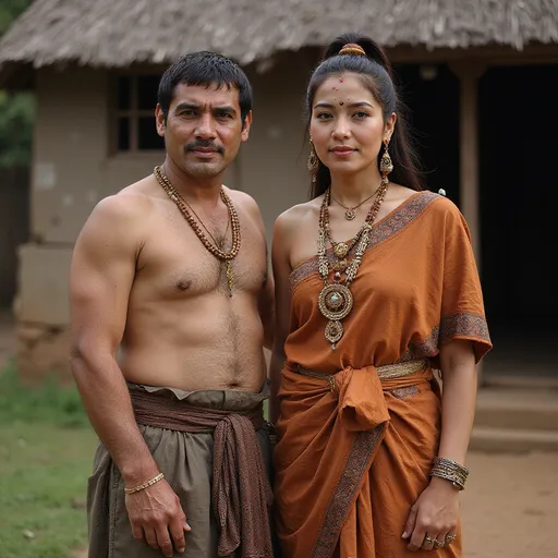 Prompt: A 30 year old peasant woman of the Khmer Empire in 1300CE in Kampuchea is standing with her father in front of a village hut. She is wearing Khmer clothing of the period.  She has her hair in the Khmer style and is wearing Khmer facial and body make-up and jewellery.