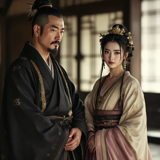 Prompt: A 16 year old concubine of the Ashikaga Shogunate in Japan is standing with her father  in a Japanese palace in 1400AD. She is wearing Ashikaga skirts of the period.  She has her hair in the Ashikaga style and is wearing Ashikaga facial and body make-up and jewellery.
