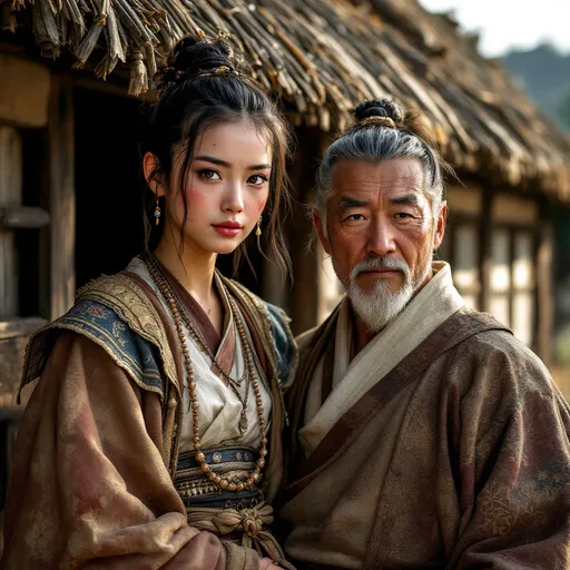 Prompt: A 16 year old peasant girl of the Ashikaga Shogunate in Japan is standing with her father  in front of a village hut in 1400AD. She is wearing Ashikaga clothing of the period. She has her hair in the Ashikaga style and is wearing Ashikaga facial and body make-up and jewellery.
