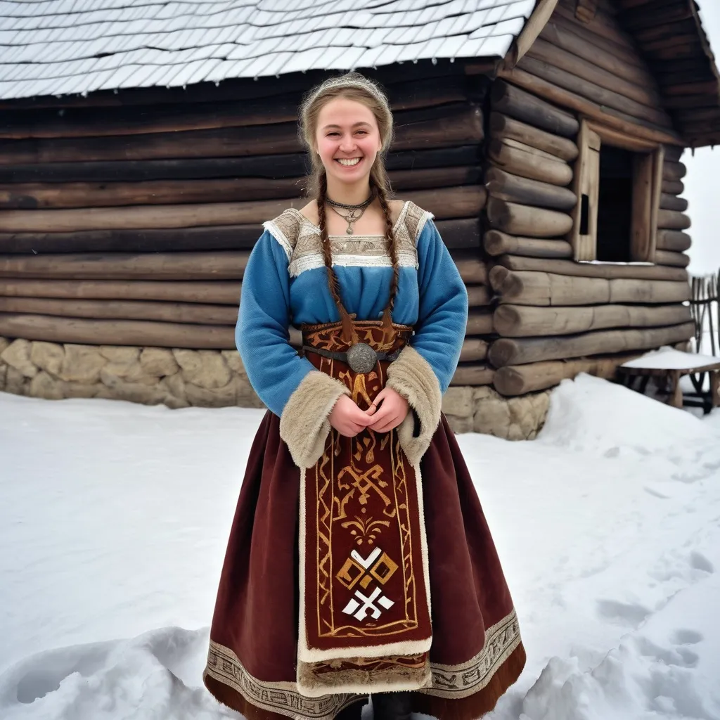 Prompt: A full length image of a smiling 25 year old woman of Kievan Rus in mediaeval Ukraine in 1050AD standing in a woooden village in the snow. She has hair done in the Rus style,. She is wearing Kievan Rus  clothing of the period. She is wearing Kievan Rus face and body jewellery and make-up..