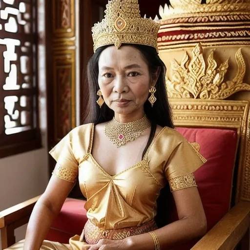 Prompt: A 70 year old princess of the Khmer Empire in 1300CE in Kampuchea is sitting in a roon in the palace. She is wearing Khmer clothing of the period.  .She has her hair in the Khmer style and is wearing Khmer facial and body make-up and jewellery.
