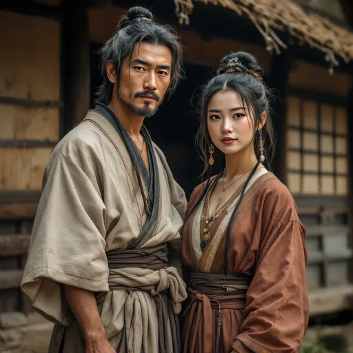 Prompt: A 25 year old peasant woman of the Ashikaga Shogunate in Japan is standing with her father  in front of a village hut in 1400AD. She is wearing Ashikaga skirts of the period.  She has her hair in the Ashikaga style and is wearing Ashikaga facial and body make-up and jewellery.
