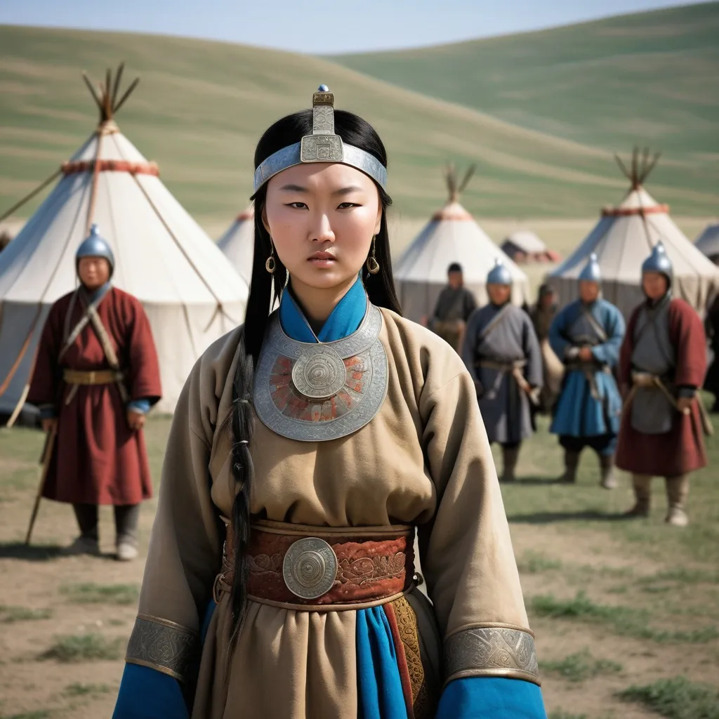 Prompt: A military encampment of the Mongol Empire about 1250AD. Standing in the foreground is a 18 year old Mongolian woman. She has Mongol style hair of the period. She is wearing Mongol clothing of the thirteenth century. She is wearing Mongol facial and body jewellery.