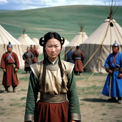 Prompt: A military encampment of the Mongol Empire about 1250AD. Standing in the foreground is a 25year old Mongolian woman. She has Mongol style hair of the period. She is wearing Mongol clothing of the thirteenth century.  She is wearing Mongol facial and body jewellery.
