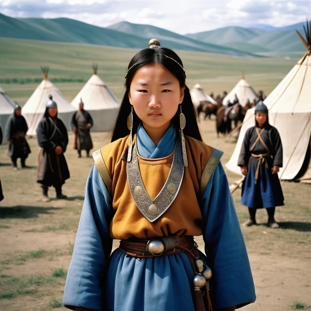 Prompt: A military encampment of the Mongol Empire about 1250AD. Standing in the foreground is a 16 year old Mongolian girl. She has Mongol style hair of the period. She is wearing Mongol clothing of the thirteenth century. She is wearing Mongol facial and body jewellery.
