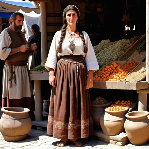 Prompt: A mountain village market in the mediaeval Kingdom of Cilician Armenia about 1300AD. There is a full length 40 year old Armenian woman d ressed in Armenian skirt. She has  Armenian style hair, brown eyes, a small nose. She wears Armenian facial and body make-up and jewellery.