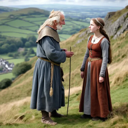 Prompt: A full length image of a 18 year old girl of the Kingdom of Powys in mediaeval Wales in 1050AD talking to an old man on a mountainside. She has hair done in the Mediaeval Welsh style,. She is wearing Mediaeval Welsh clothing of the period. She is wearing Mediaeval Welsh face and body jewellery and make-up..